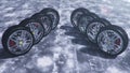 3d illustration Winter tires on a with falling snow background of snow storm, snowfall and slippery winter road. Winter Royalty Free Stock Photo