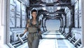 Illustration of a woman combat soldier walking in a futuristic corridor
