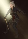 Woman elf warrior with sword on fantasy abstract background 3D illustration Royalty Free Stock Photo