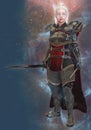 Woman elf warrior with swords on fantasy abstract background 3D illustration