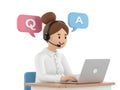 3d illustration of a woman with headset and laptop with question and answer speech bubbles computer Royalty Free Stock Photo