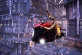 3D illustration of a woman riding a futuristic hover bike in a cyberpunk city at night