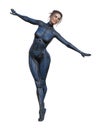 Illustration of a woman wearing a blue skintight outfit pretending she is soaring while isolated on a white background