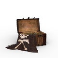 3D illustration of a wooden pirate treasure chest with Jolly Roger flag draped over the side isolated on a white background Royalty Free Stock Photo