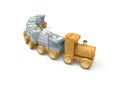 3D illustration. Wooden train with stacks of dollar bills isolated on white background