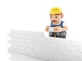 3d Worker building brick wall at construction site