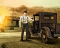 Working Man leaving a Dust Bowl 1930s Era Homestead Royalty Free Stock Photo