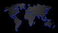 3D illustration of a world map on a black background highlighted by blue neon Royalty Free Stock Photo