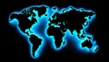 3D illustration of a world map on a black background highlighted by blue neon Royalty Free Stock Photo