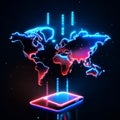 3d illustration of world map with blue neon lights on dark background AI Generated Royalty Free Stock Photo