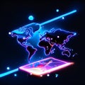 3d illustration of the world map from a smartphone. Abstract futuristic background. generative AI