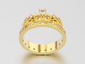 3D illustration yellow gold decorative crown diamond ring with r