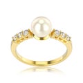 3D illustration yellow gold diamond ring with pearl wit Royalty Free Stock Photo