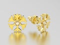 3D illustration yellow gold diamond snowflake stud earrings on a Royalty Free Stock Photo