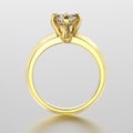 3D illustration yellow gold traditional solitaire engagement pec head ring with diamond with reflection