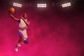 3d illustration young professional basketball player layup on dark backgrounds