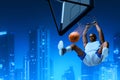 3d illustration young professional basketball player slam dunk on the streets at night Royalty Free Stock Photo