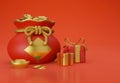 3d illustration Yuan Bao gold sycee coins in Chinese lucky bag with gift boxs on red background