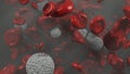 3D illustration of ZIKA VIRUS with human red blood cells RBC in the blood vessel of the human body