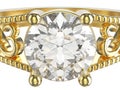 3D illustration zoom macro yellow gold ring with diamon