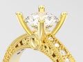 3D illustration zoom yellow gold decorative diamond ring with or