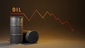 3d ilustration. Oil barrel price falls down chart.