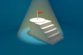 3D Ilustration White Stairs, White Flag On Blue Background With Volume Scatter Effect, 3D Rendering Ilustration