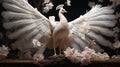 3d image of an albino white peacock with white flowers