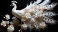 3d image of an albino white peacock with white flowers