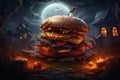 3D image of a beef hamburger with a Halloween theme