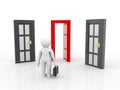 Business Choice Concept, Business People and doors, doubtful. Choice concept on white background. 3d illustration