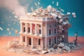 3D image of a collapsing bank. Bankruptcy of a financial institution. The bricks of the economic foundation are