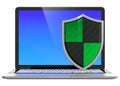 3D image of computer protection concept. Laptop with shield guard