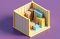 3D image cutaway of rental storage unit with boxes. Warehouse container content demonstration. Self storage room on purple Royalty Free Stock Photo