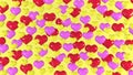 3D image. Festive yellow background with colorful hearts. Lots of red, yellow and pink hearts. Valentine\'s Day.