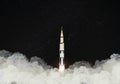 3d image illustration black and white multistage space rocket model flies pass cloud to exploration universe at high speed in the