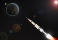 3d image illustration black and white multistage space rocket model flies to exploration planet at high speed in the galaxy