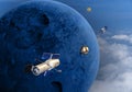 3d image illustration model several satellite orbiting the blue planet in galaxy background