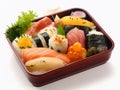 3D image of Japanese bento with interesting decoration isolated on white background.