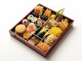 3D image of Japanese bento with interesting decoration isolated on white background.