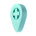 3d image medicine geotag icon. Medical cross company enterprise. Map turquoise tag on white background. Location of