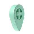 3d image medicine geotag icon. Medical cross company enterprise. Map turquoise tag on white background. Location of