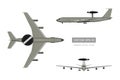 3d image of military aircraft. Top, front and side jet view. Army airplane with airborne warning and control system Royalty Free Stock Photo