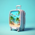 3d image of an open luggage with an exotic island inside, AI Generative