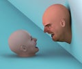 3D image of quarreling female and male dummy hairless heads boss and subordinate or wedded pair showdown concept design