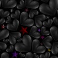 3D image, rendering Seamless pattern on a black background. Black Heart. Star, stars. Holiday Valentine`s Day. Backdrop. Postcard