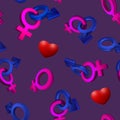 3D image, rendering Seamless pattern on a purple background. The symbol of gender. Valentine's Day. Venus, Mars