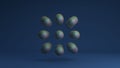 3D image of a set of gasoline balls on a blue background arranged in a strict geometric sequence. The idea of a crystal atomic Royalty Free Stock Photo