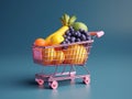 Shopping cart full of fruit, 3d illustration shopping concept.