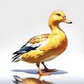 This 2D image shows a lone yellow duck stand with shadow reflections on a white background.